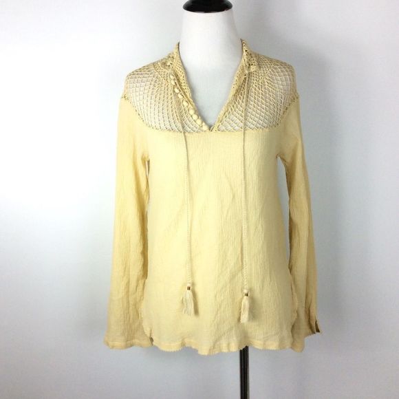 Free People On The Island Crochet Neckline Yoke Blouse Size XS - Picture 3 of 8